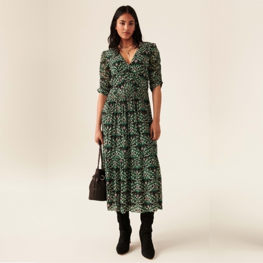 Ba&Sh Green Rouched Fine Midi Dress